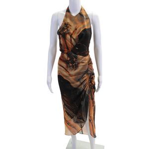 ITMFL Womens Open Back Halter Front Slit Abstract Dress Brown Black Size XS
